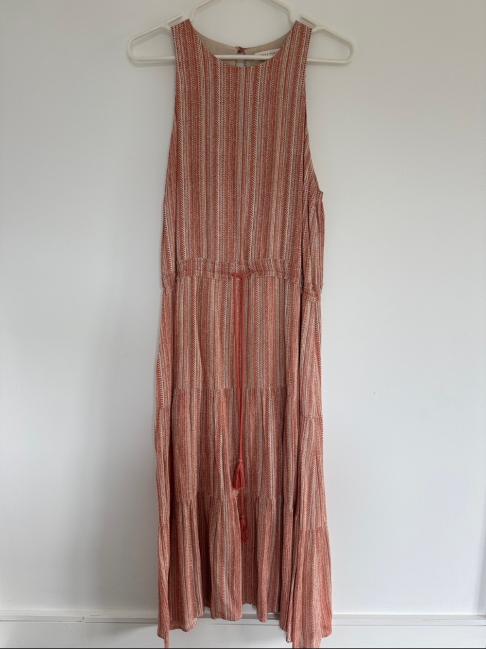 Coral and Cream Striped Sleeveless Maxi Dress with belt